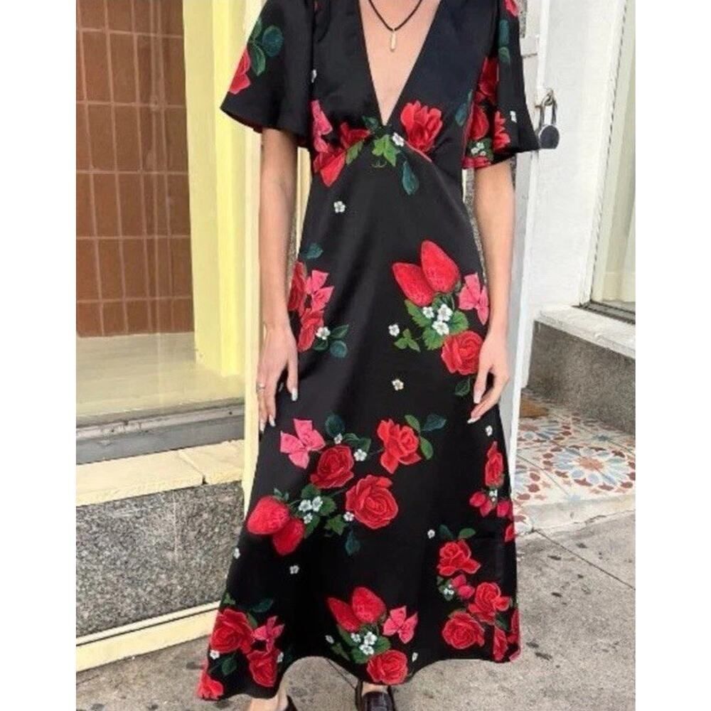 Lisa Says Gah Grace Dress Rose Party Satin Floral Midi Dress S